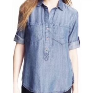 Anthropologie Cloth & Stone Polka Dot Roll Tab Chambray Popover Top Womens Small